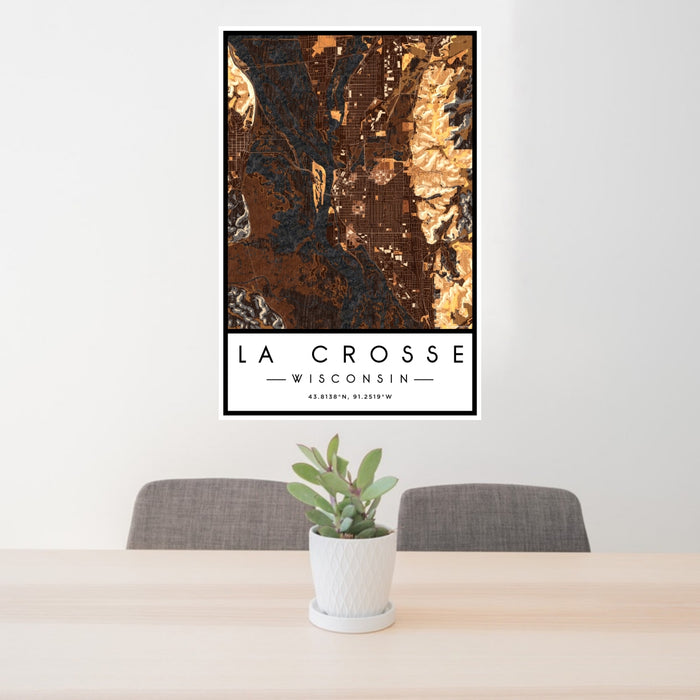 24x36 La Crosse Wisconsin Map Print Portrait Orientation in Ember Style Behind 2 Chairs Table and Potted Plant