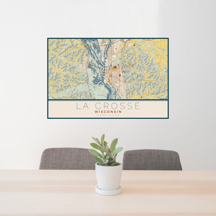 24x36 La Crosse Wisconsin Map Print Lanscape Orientation in Woodblock Style Behind 2 Chairs Table and Potted Plant