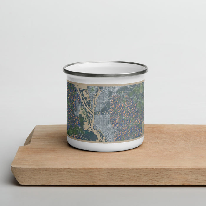 Front View Custom La Crosse Wisconsin Map Enamel Mug in Afternoon on Cutting Board