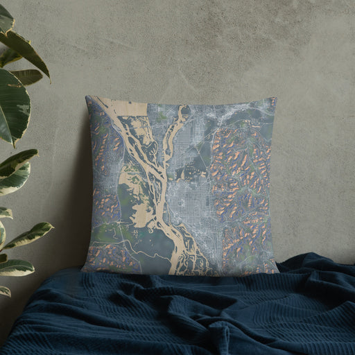 Custom La Crosse Wisconsin Map Throw Pillow in Afternoon on Bedding Against Wall