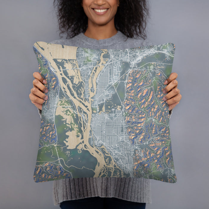 Person holding 18x18 Custom La Crosse Wisconsin Map Throw Pillow in Afternoon