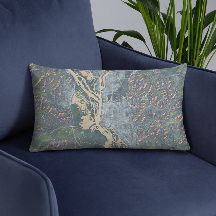 Custom La Crosse Wisconsin Map Throw Pillow in Afternoon on Blue Colored Chair