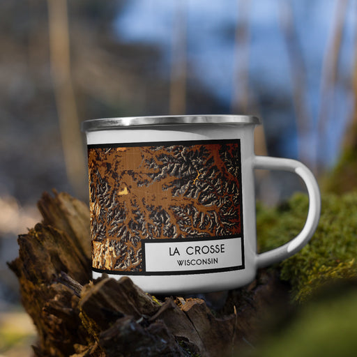 Right View Custom La Crosse Wisconsin Map Enamel Mug in Ember on Grass With Trees in Background