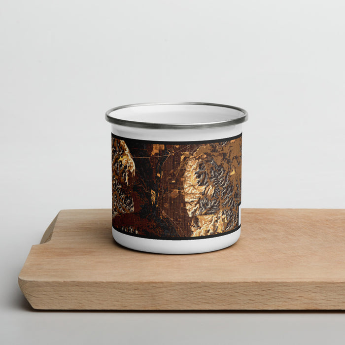 Front View Custom La Crosse Wisconsin Map Enamel Mug in Ember on Cutting Board