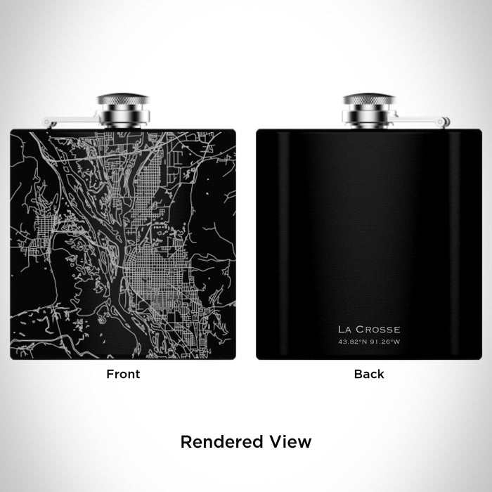 Rendered View of La Crosse Wisconsin Map Engraving on 6oz Stainless Steel Flask in Black