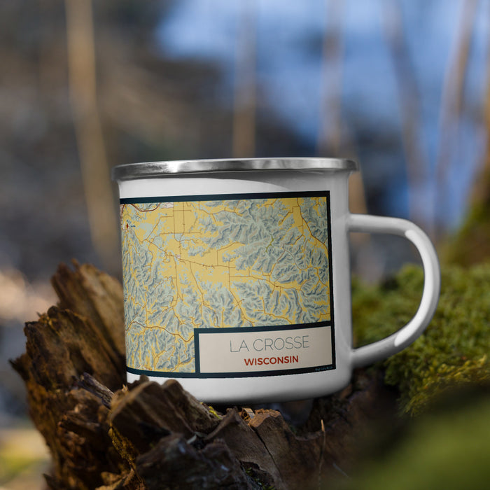 Right View Custom La Crosse Wisconsin Map Enamel Mug in Woodblock on Grass With Trees in Background