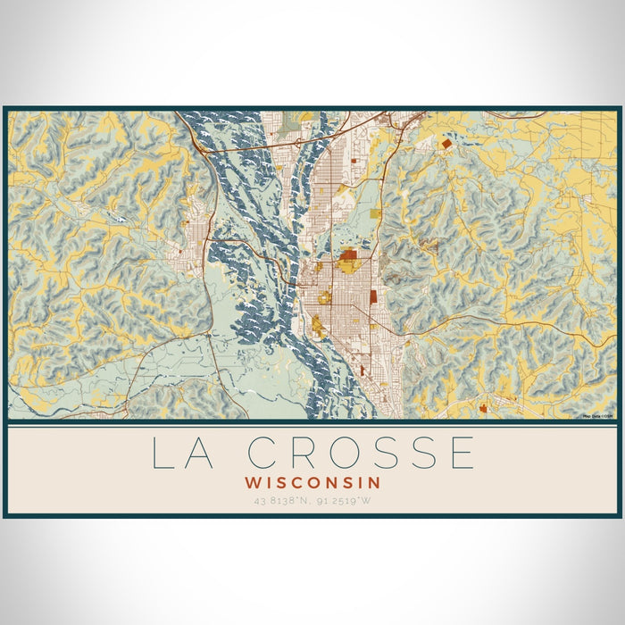 La Crosse Wisconsin Map Print Landscape Orientation in Woodblock Style With Shaded Background