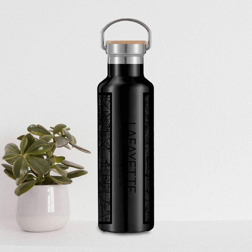 Lafayette Indiana Custom City Map Inscription Coordinates on 20oz Stainless Steel Insulated Bottle with Bamboo Top in Matte Black with printed Tactile Lines Map in Black