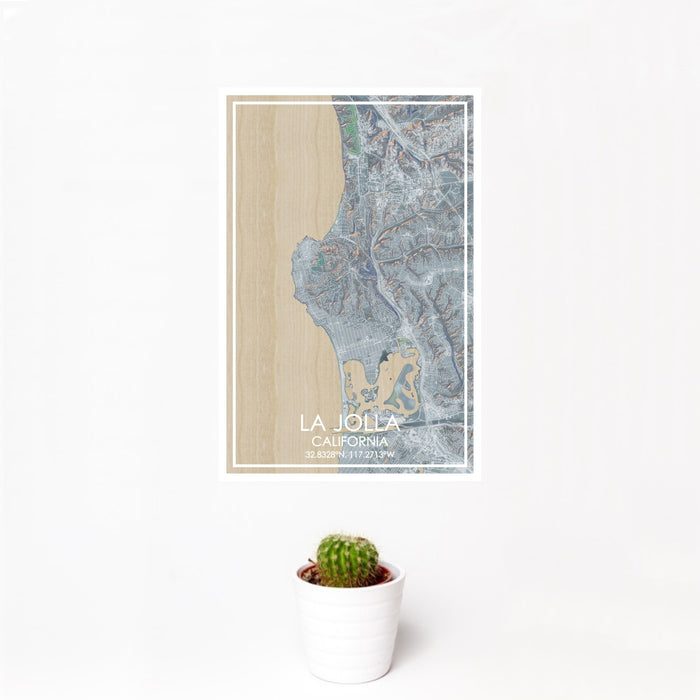 12x18 La Jolla California Map Print Portrait Orientation in Afternoon Style With Small Cactus Plant in White Planter