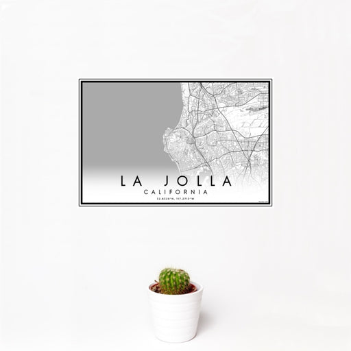 12x18 La Jolla California Map Print Landscape Orientation in Classic Style With Small Cactus Plant in White Planter