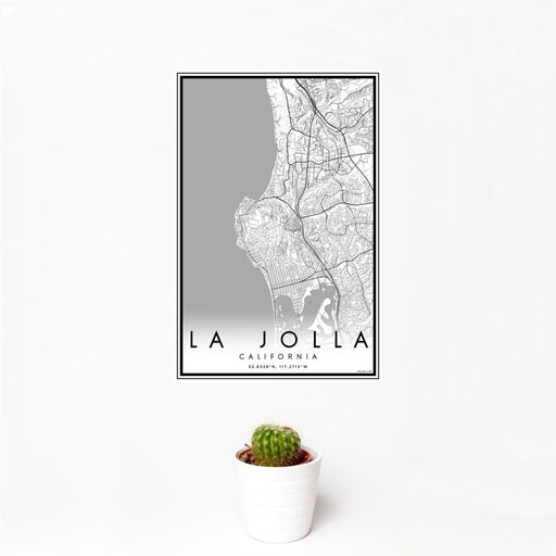 12x18 La Jolla California Map Print Portrait Orientation in Classic Style With Small Cactus Plant in White Planter