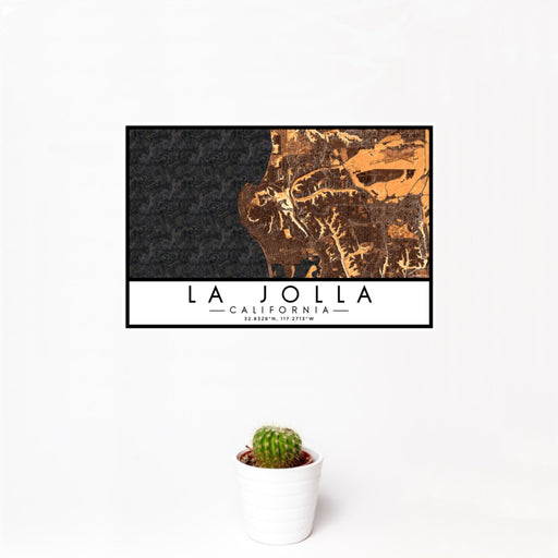 12x18 La Jolla California Map Print Landscape Orientation in Ember Style With Small Cactus Plant in White Planter