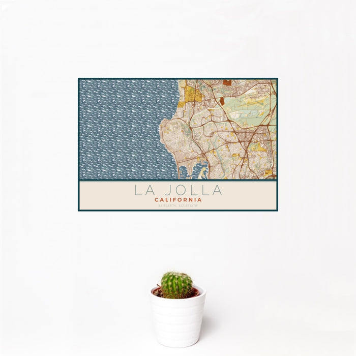 12x18 La Jolla California Map Print Landscape Orientation in Woodblock Style With Small Cactus Plant in White Planter