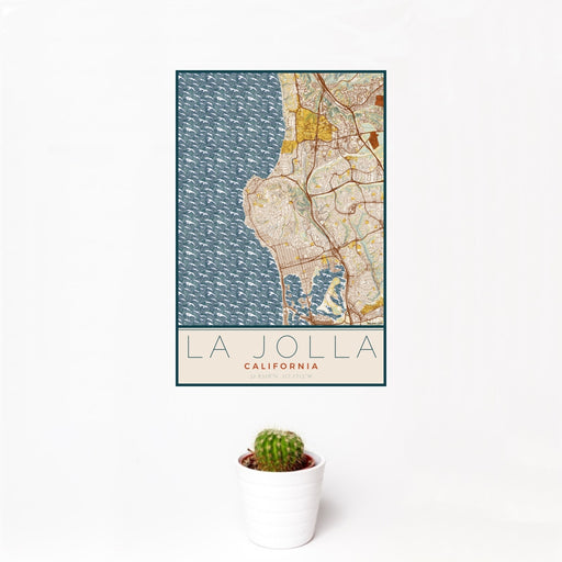 12x18 La Jolla California Map Print Portrait Orientation in Woodblock Style With Small Cactus Plant in White Planter