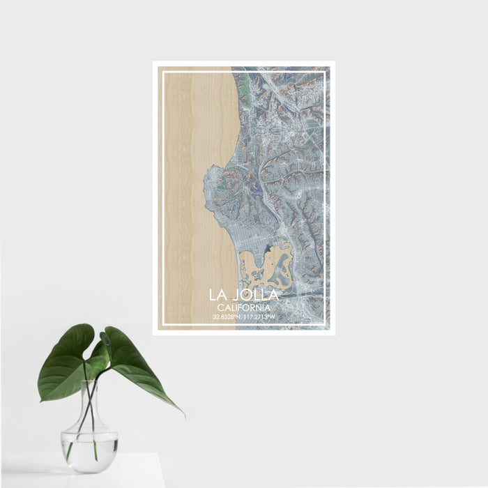 16x24 La Jolla California Map Print Portrait Orientation in Afternoon Style With Tropical Plant Leaves in Water