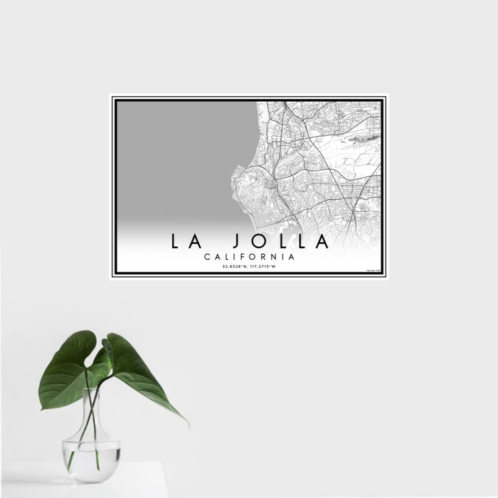 16x24 La Jolla California Map Print Landscape Orientation in Classic Style With Tropical Plant Leaves in Water