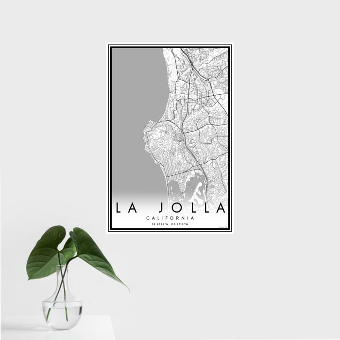 16x24 La Jolla California Map Print Portrait Orientation in Classic Style With Tropical Plant Leaves in Water