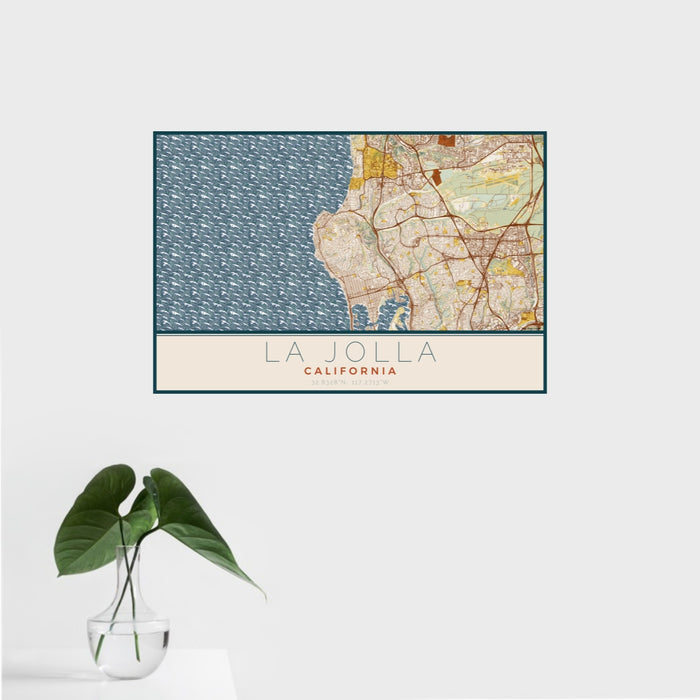 16x24 La Jolla California Map Print Landscape Orientation in Woodblock Style With Tropical Plant Leaves in Water