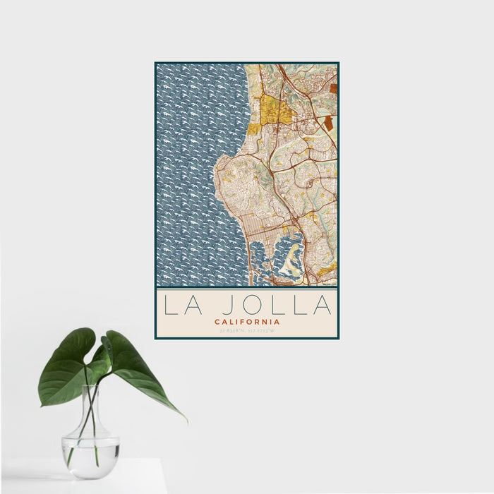 16x24 La Jolla California Map Print Portrait Orientation in Woodblock Style With Tropical Plant Leaves in Water