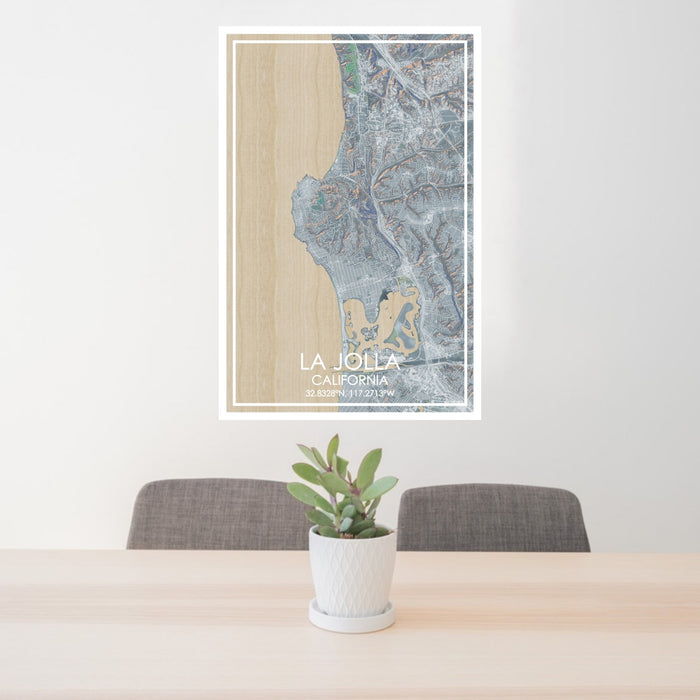 24x36 La Jolla California Map Print Portrait Orientation in Afternoon Style Behind 2 Chairs Table and Potted Plant