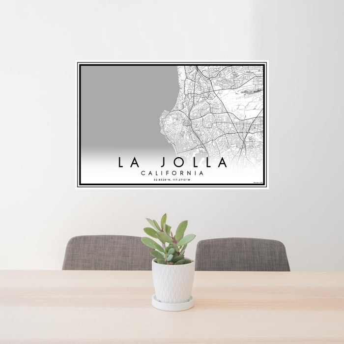 24x36 La Jolla California Map Print Lanscape Orientation in Classic Style Behind 2 Chairs Table and Potted Plant