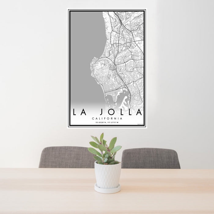 24x36 La Jolla California Map Print Portrait Orientation in Classic Style Behind 2 Chairs Table and Potted Plant