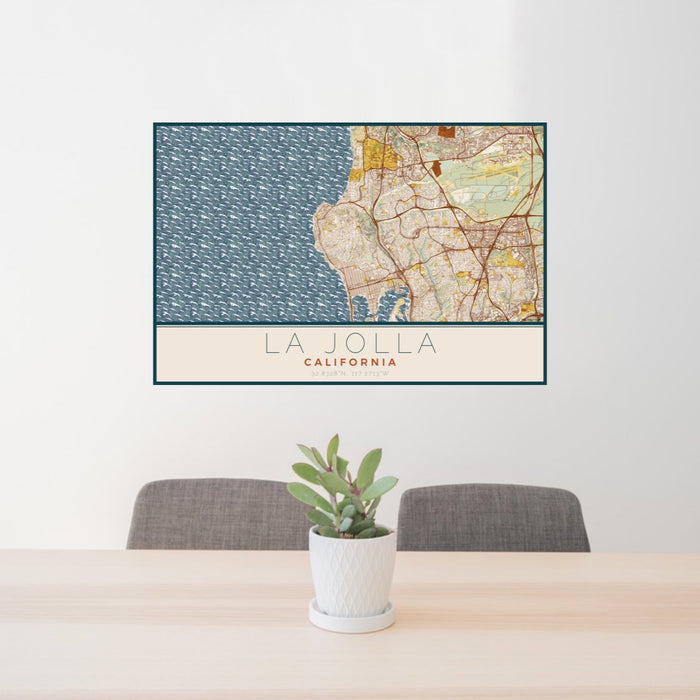 24x36 La Jolla California Map Print Lanscape Orientation in Woodblock Style Behind 2 Chairs Table and Potted Plant