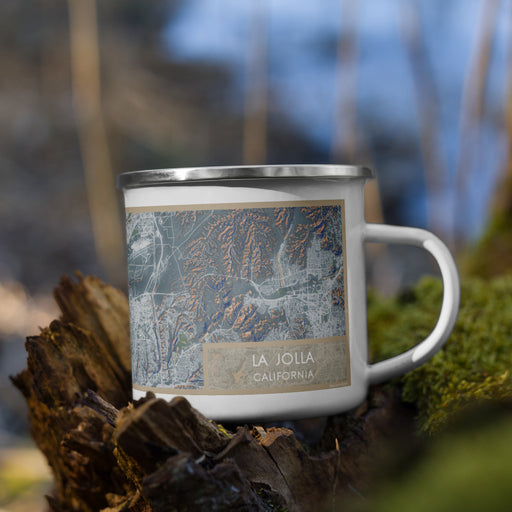 Right View Custom La Jolla California Map Enamel Mug in Afternoon on Grass With Trees in Background