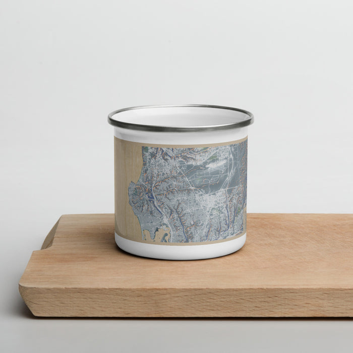 Front View Custom La Jolla California Map Enamel Mug in Afternoon on Cutting Board