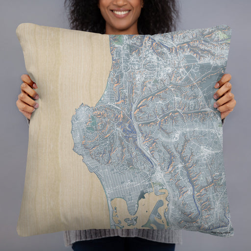 Person holding 22x22 Custom La Jolla California Map Throw Pillow in Afternoon