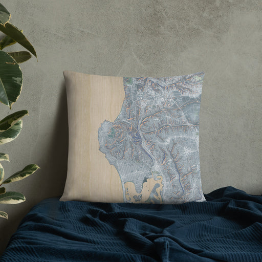 Custom La Jolla California Map Throw Pillow in Afternoon on Bedding Against Wall