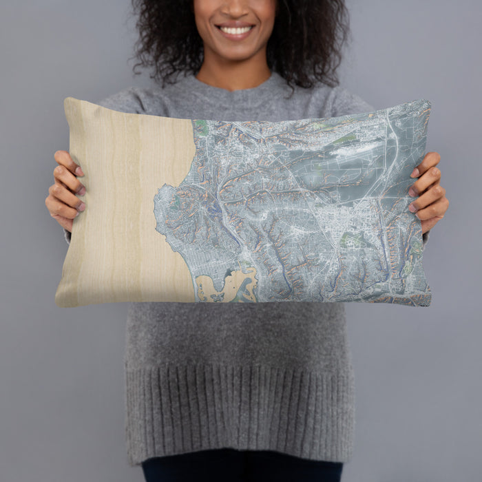 Person holding 20x12 Custom La Jolla California Map Throw Pillow in Afternoon