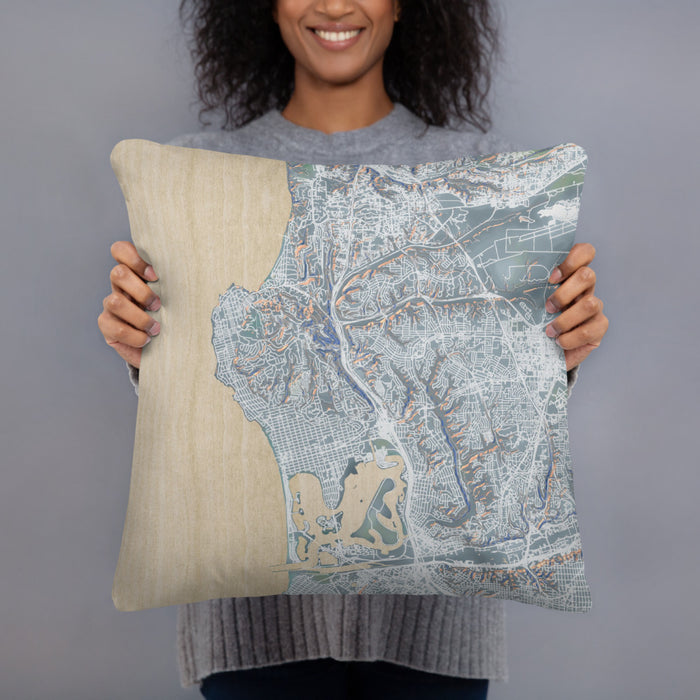 Person holding 18x18 Custom La Jolla California Map Throw Pillow in Afternoon