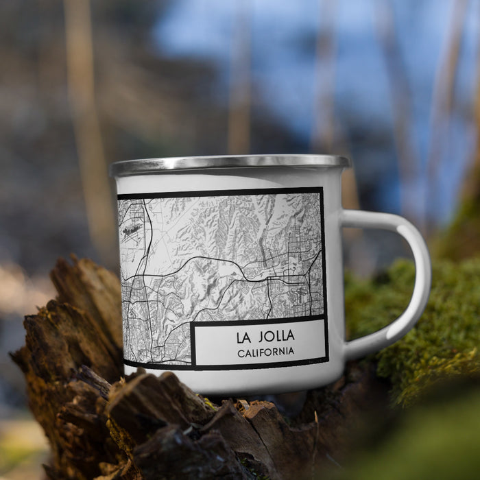 Right View Custom La Jolla California Map Enamel Mug in Classic on Grass With Trees in Background