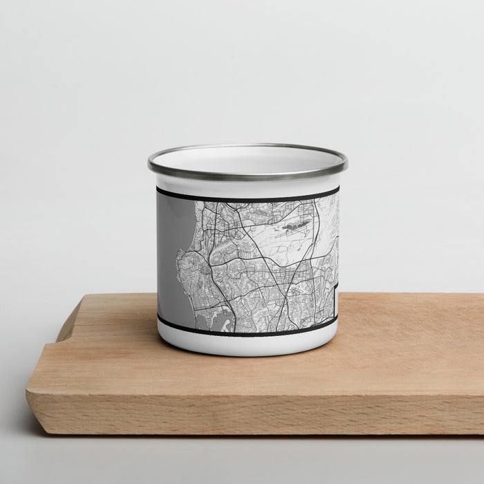 Front View Custom La Jolla California Map Enamel Mug in Classic on Cutting Board