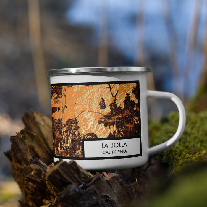 Right View Custom La Jolla California Map Enamel Mug in Ember on Grass With Trees in Background