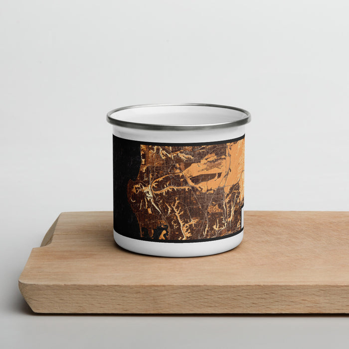 Front View Custom La Jolla California Map Enamel Mug in Ember on Cutting Board