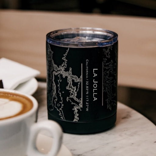 La Jolla California Custom Engraved City Map Inscription Coordinates on 10oz Stainless Steel Insulated Cup with Sliding Lid in Black