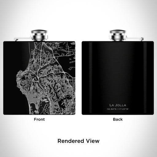 Rendered View of La Jolla California Map Engraving on 6oz Stainless Steel Flask in Black