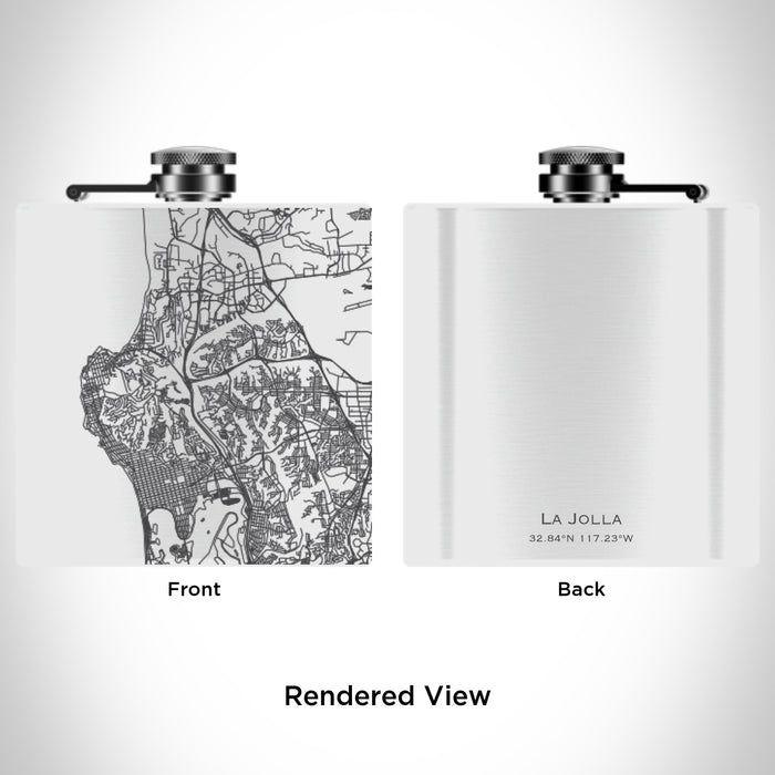 Rendered View of La Jolla California Map Engraving on 6oz Stainless Steel Flask in White