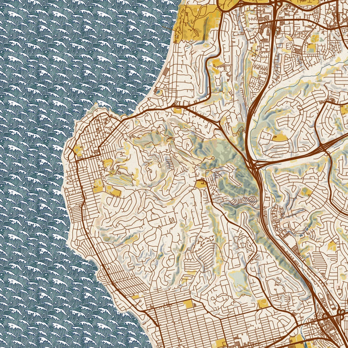 La Jolla California Map Print in Woodblock Style Zoomed In Close Up Showing Details