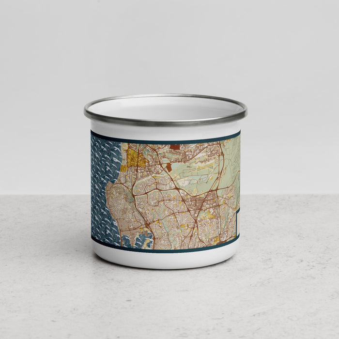 Front View Custom La Jolla California Map Enamel Mug in Woodblock