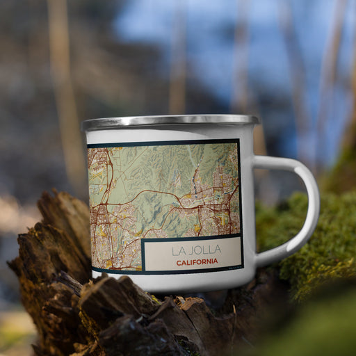 Right View Custom La Jolla California Map Enamel Mug in Woodblock on Grass With Trees in Background