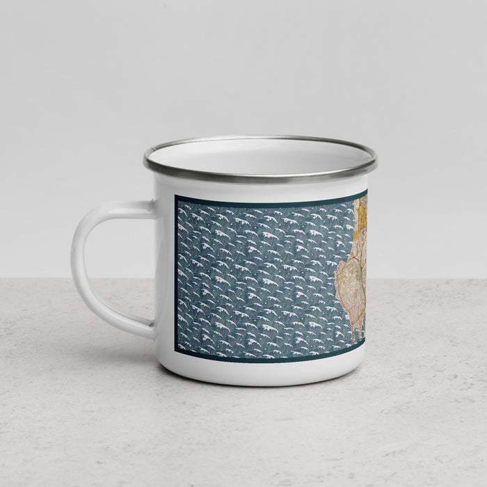 Left View Custom La Jolla California Map Enamel Mug in Woodblock