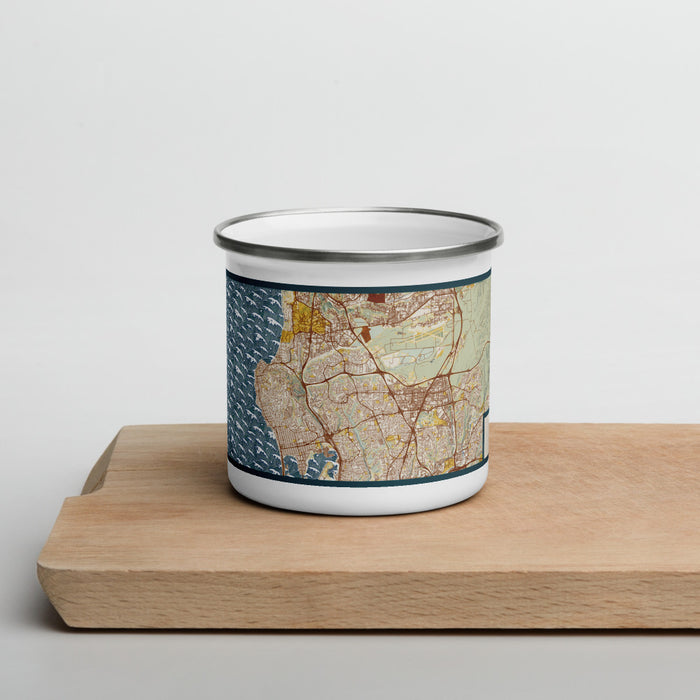 Front View Custom La Jolla California Map Enamel Mug in Woodblock on Cutting Board