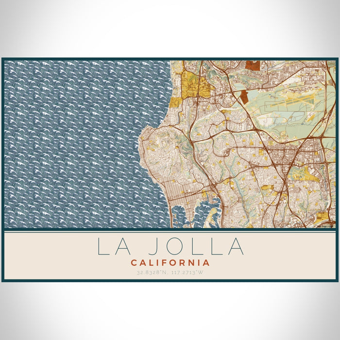 La Jolla California Map Print Landscape Orientation in Woodblock Style With Shaded Background