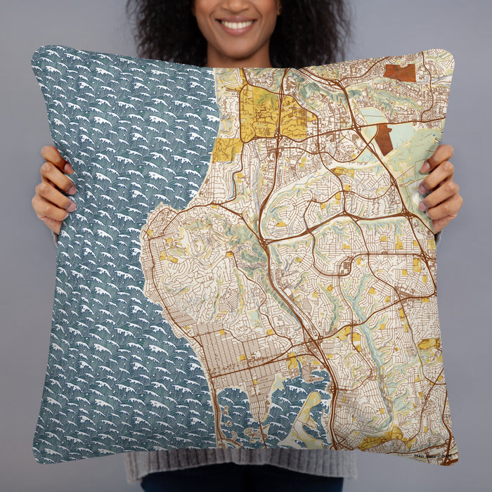 Person holding 22x22 Custom La Jolla California Map Throw Pillow in Woodblock