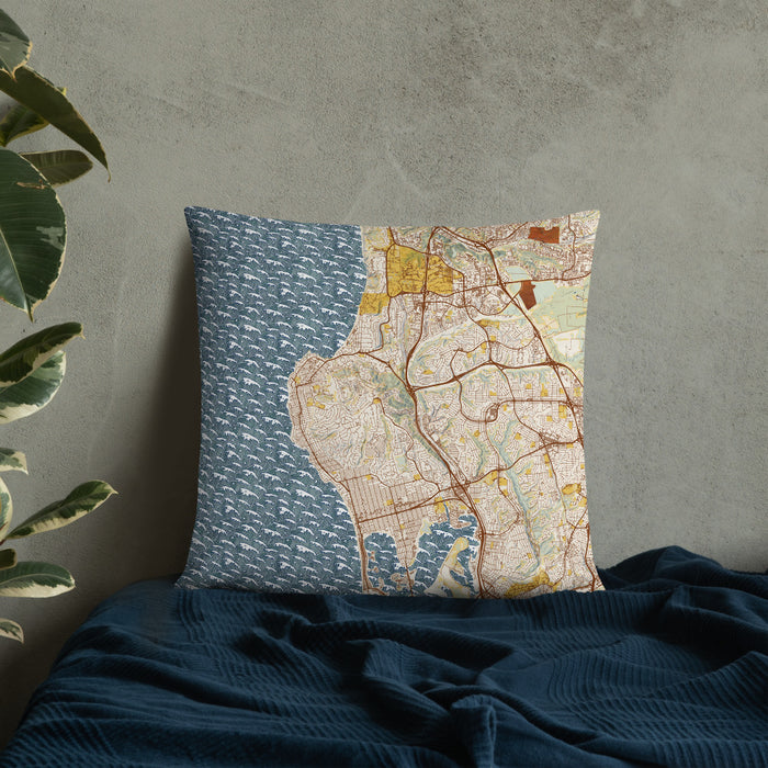 Custom La Jolla California Map Throw Pillow in Woodblock on Bedding Against Wall