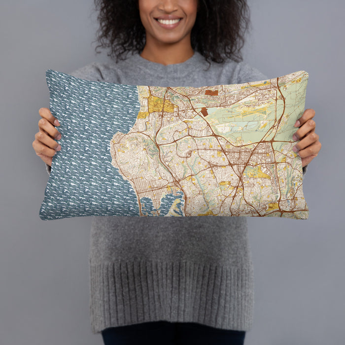 Person holding 20x12 Custom La Jolla California Map Throw Pillow in Woodblock