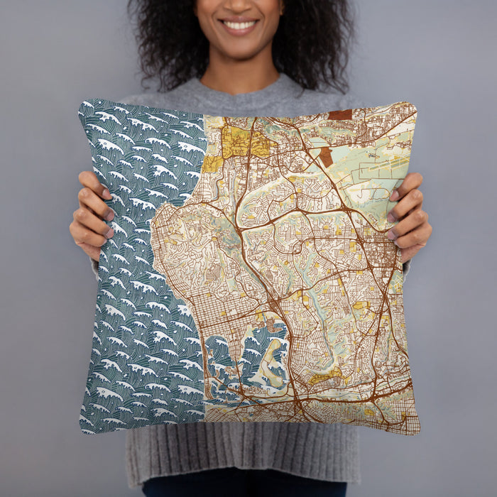 Person holding 18x18 Custom La Jolla California Map Throw Pillow in Woodblock